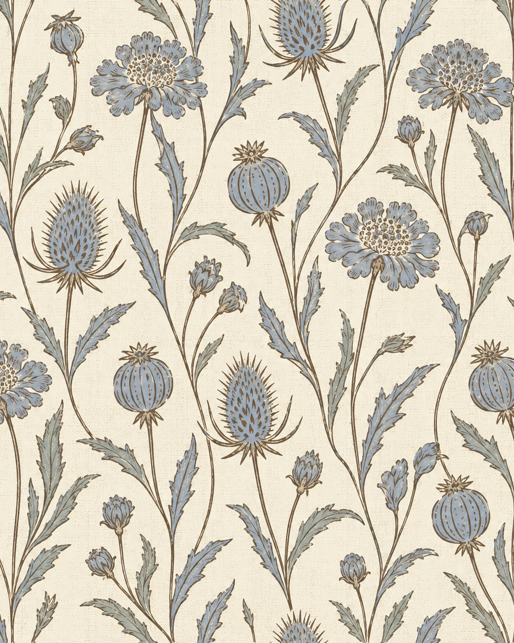 Detalle del papel mural botánico Cotswold Blue en tonos azul grisáceo y marfil