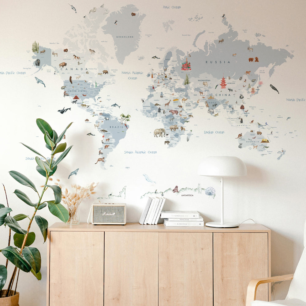 Papel Mural de Mapa y Animales del Mundo