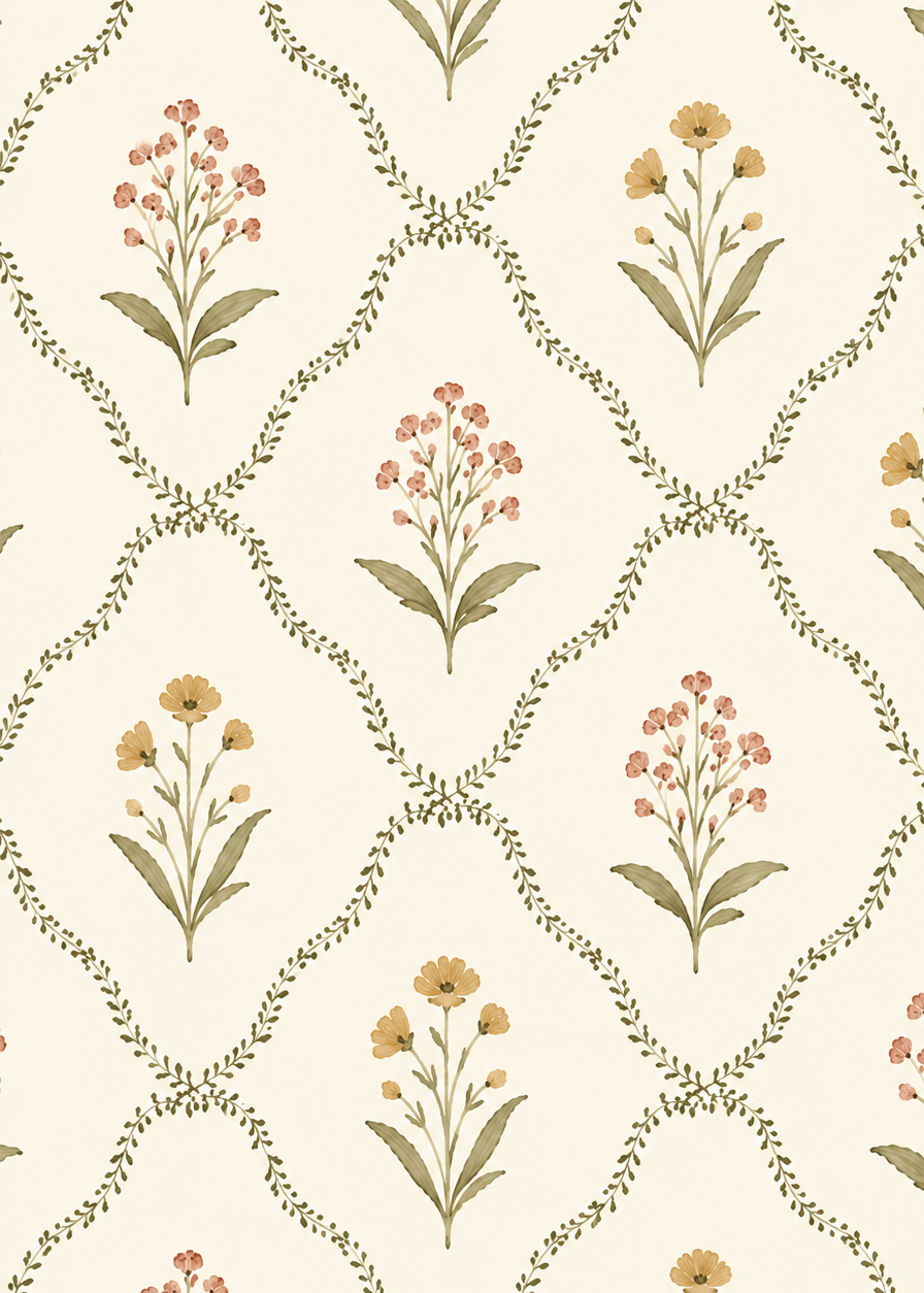 Alessandra, papel mural floral con delicadas flores en acuarela en tonos rosa y amarillo, enmarcadas por un elegante enrejado botánico sobre fondo marfil. Diseño clásico de inspiración inglesa ideal para dormitorios, salas y espacios infantiles.