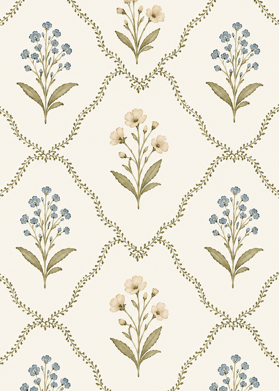 Alessandra, papel mural floral con delicadas flores en acuarela en tonos turquesa y beige, enmarcadas por un elegante enrejado botánico sobre fondo marfil. Diseño clásico de inspiración inglesa ideal para dormitorios, salas y espacios infantiles.