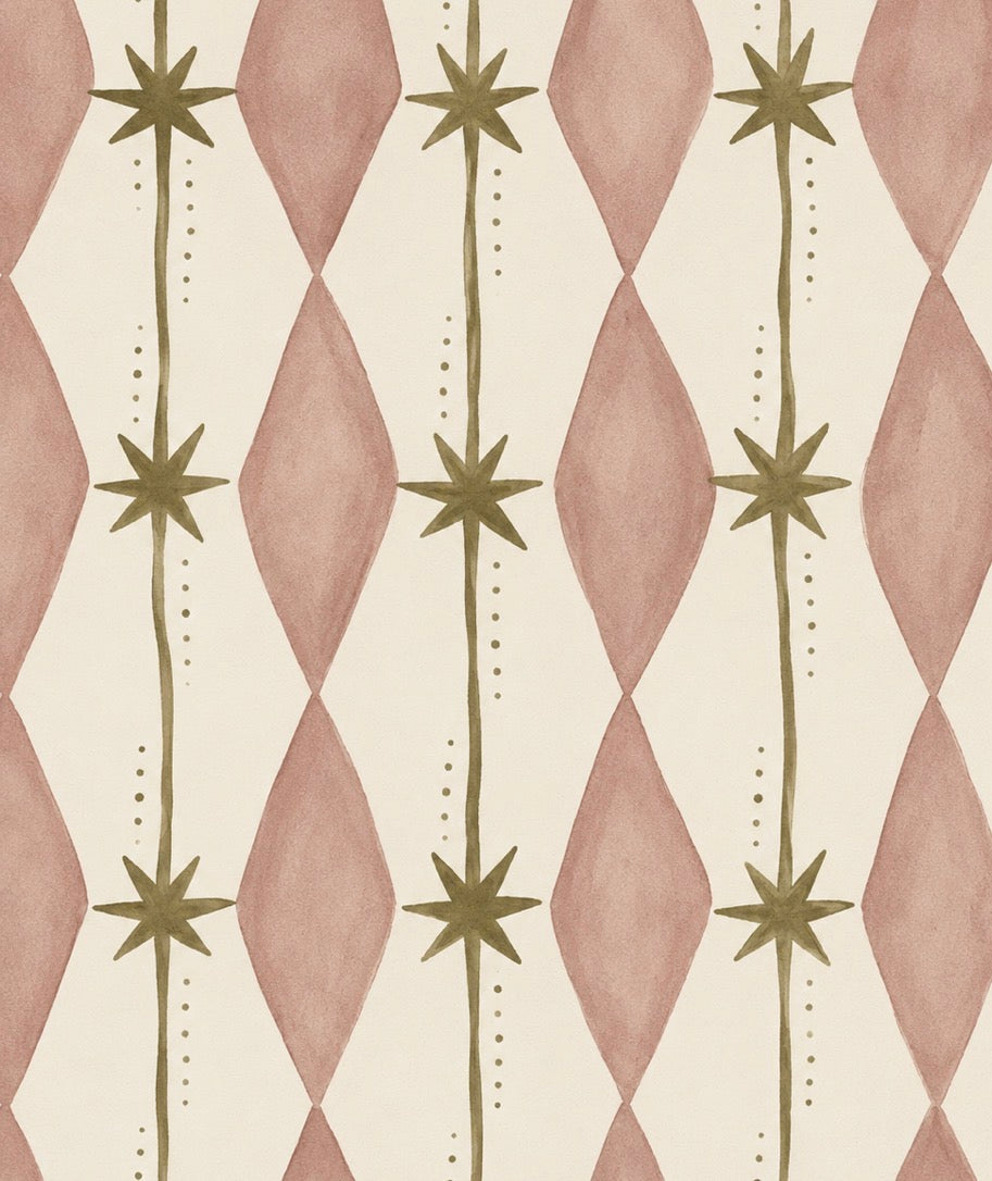 Pattern, Papel mural geométrico Aurora Rose de AS Print Studio en tonos rosa empolvado y oliva, diseño acuarelado moderno para dormitorios y espacios interiores.