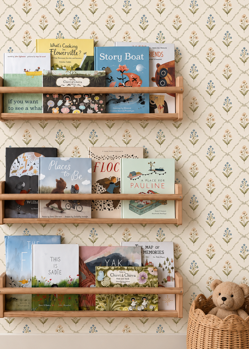 Papel mural Alessandra de AS Print Studio instalado en una habitación infantil, con delicadas flores azules y beige en acuarela sobre un elegante enrejado botánico, acompañado de repisas de madera con libros infantiles.”